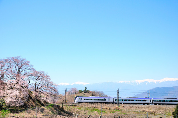 勝沼甚六桜と南アルプスとE353系特急電車