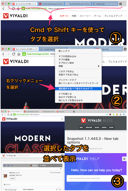 Vivaldi 1.0:タブタイリング - 15(右クリックを使ったタイリングの手順)