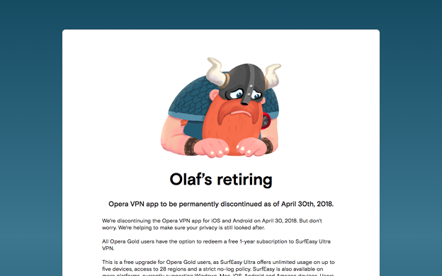 Opera VPNがサービス終了で公式HPにアナウンス