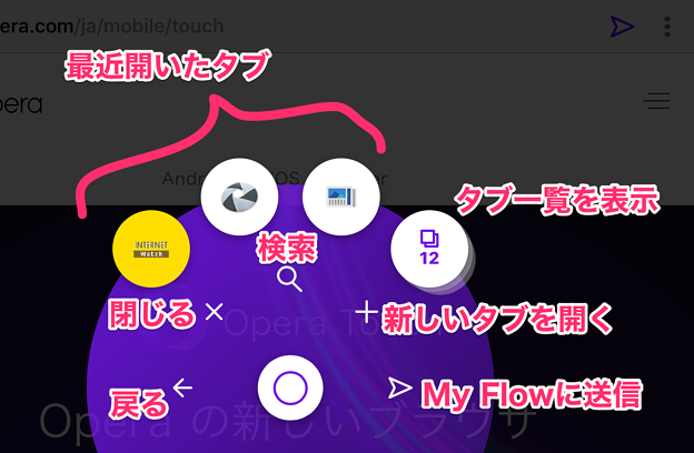 Opera Touch 1.0.3:FABメニューの説明