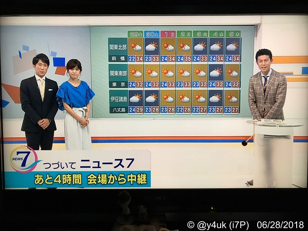 18:59合原明子＆厳暑続き予報…ゴーバルブルー！NHK各番組アナ今夜運命の3戦のためブルー衣装でキメる☆W杯JPNサムライブルー運命の3戦、決戦Tへキメる☆首都圏ネットワーク☆青い服は涼しげ♪