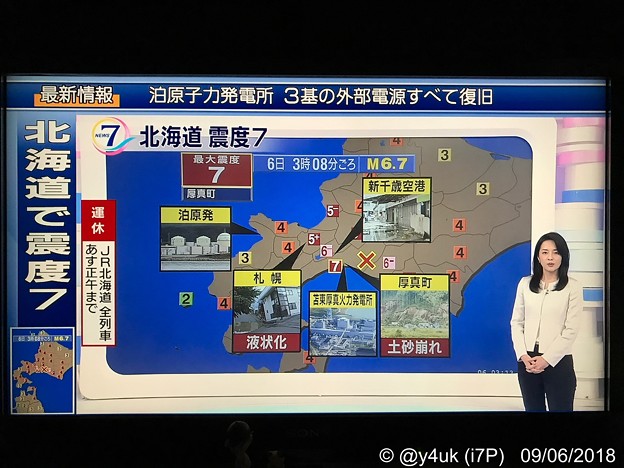 20:35ニュース7“北海道で震度7”3:08・厚真町 土砂崩れ・札幌 液状化・苫東厚真発電所 からブラックアウト・泊原発 電源復旧・新千歳空港 停電復旧～旭山動物園・LS北見、動物もメンバーも無事◯