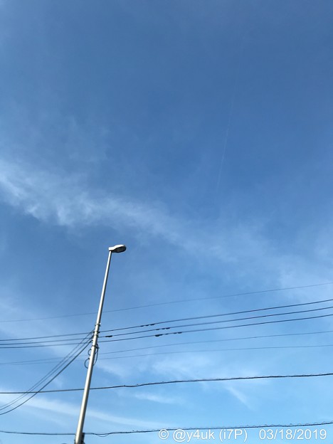 Photos: 18旅先その2.街灯、青空の雲、電線の上で踊っていた春が来る。青さと白さが自分の本心のピュアを代弁してくれてる様で。生きていきたいのに(24久々Macで音楽購入挿入いろいろ箇所壊れてきた8年がんばれ)