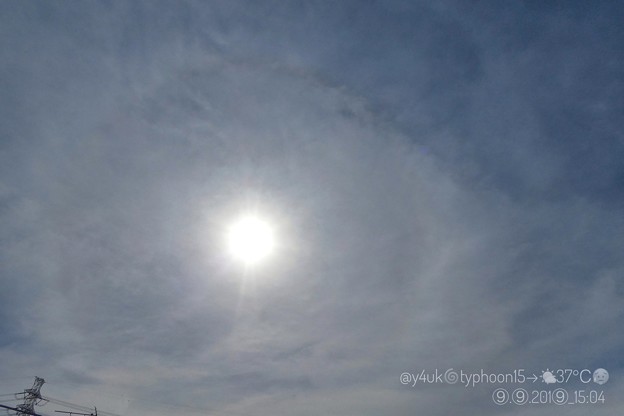 9.9 After passing typhoon15～台風15号今朝通過“クック9.9の日”は37℃＋蒸し暑い殺人猛暑…日暈ハロ曇り空。暴風雨→人混乱→千葉鉄塔倒壊大停電→酷暑(絞り優先:TZ85)