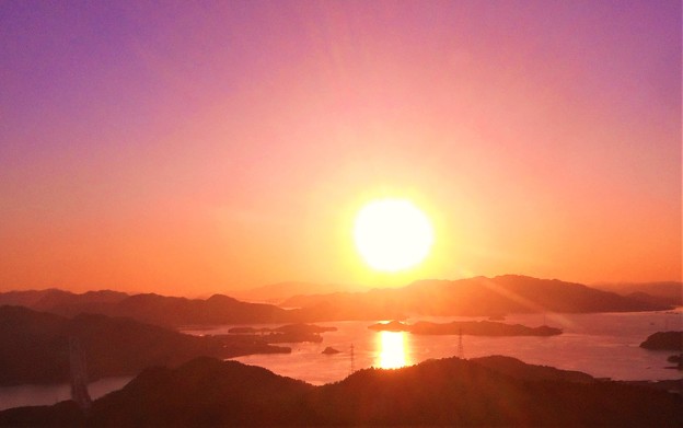 しまなみ海道の夕陽＠因島大橋＠高見山展望台