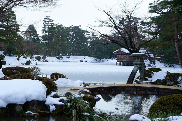 雪の兼六園　徽軫灯籠　虹橋