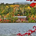 静かな湖畔の秋景色